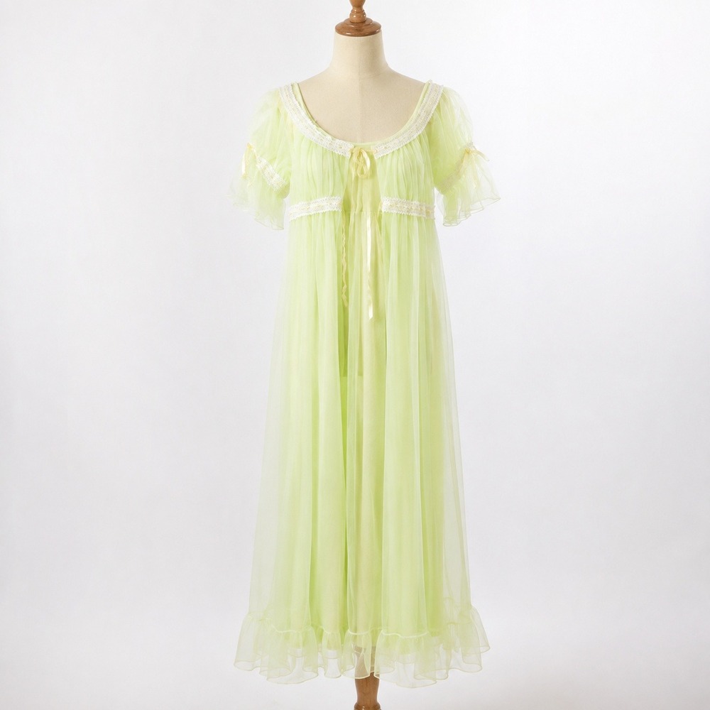 VTG 70s Robe Nightgown Lime Green Lace Sheer Maxi Lingerie Peignoir Fairycore S